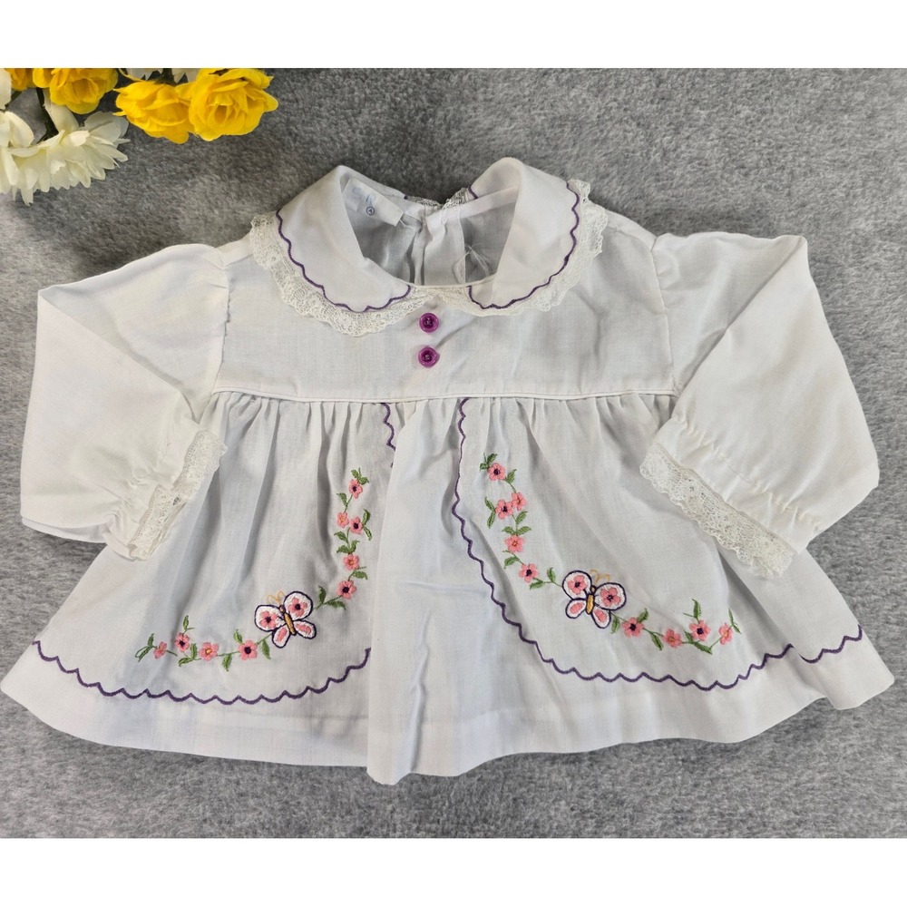 Vintage 80s White Embroidered Butterfly Baby Blouse Lace Peter Pan Collar 12m
